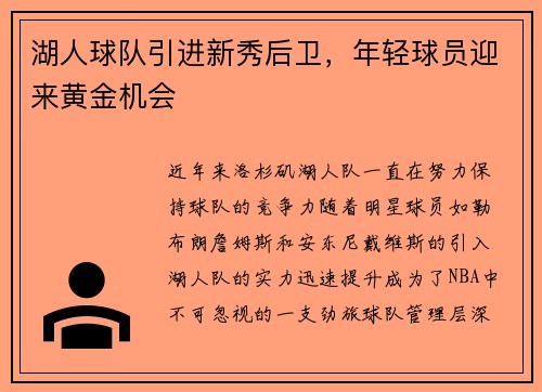 湖人球队引进新秀后卫，年轻球员迎来黄金机会