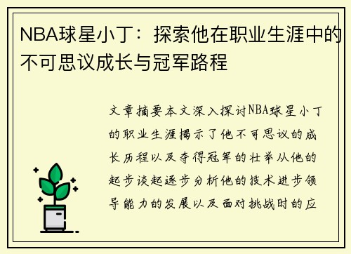 NBA球星小丁：探索他在职业生涯中的不可思议成长与冠军路程